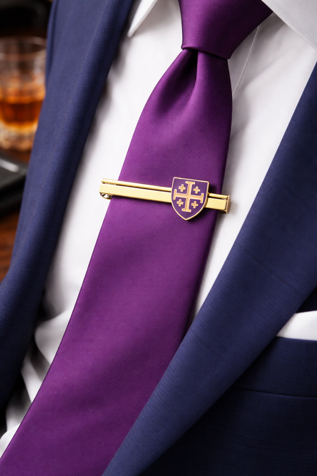 Christian Jerusalem Cross tie bar with purple enamel