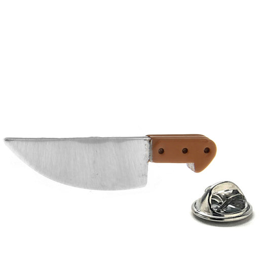 Knife-shaped lapel pin with brown handle on a white background