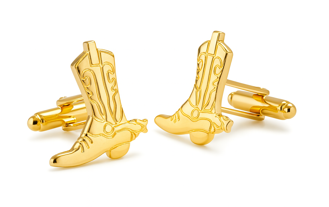 Gold cowboy boot cufflinks on a white background