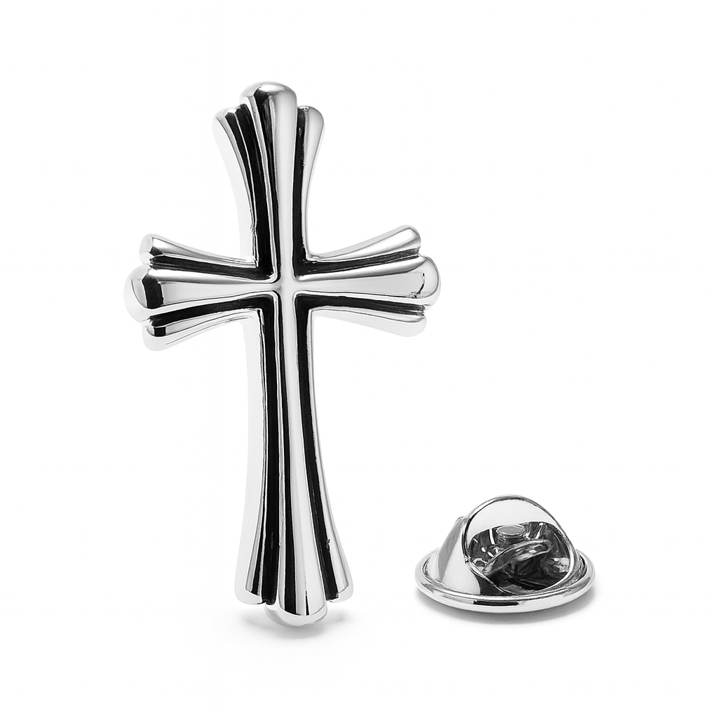 Silver cross-shaped lapel pin on a white background
