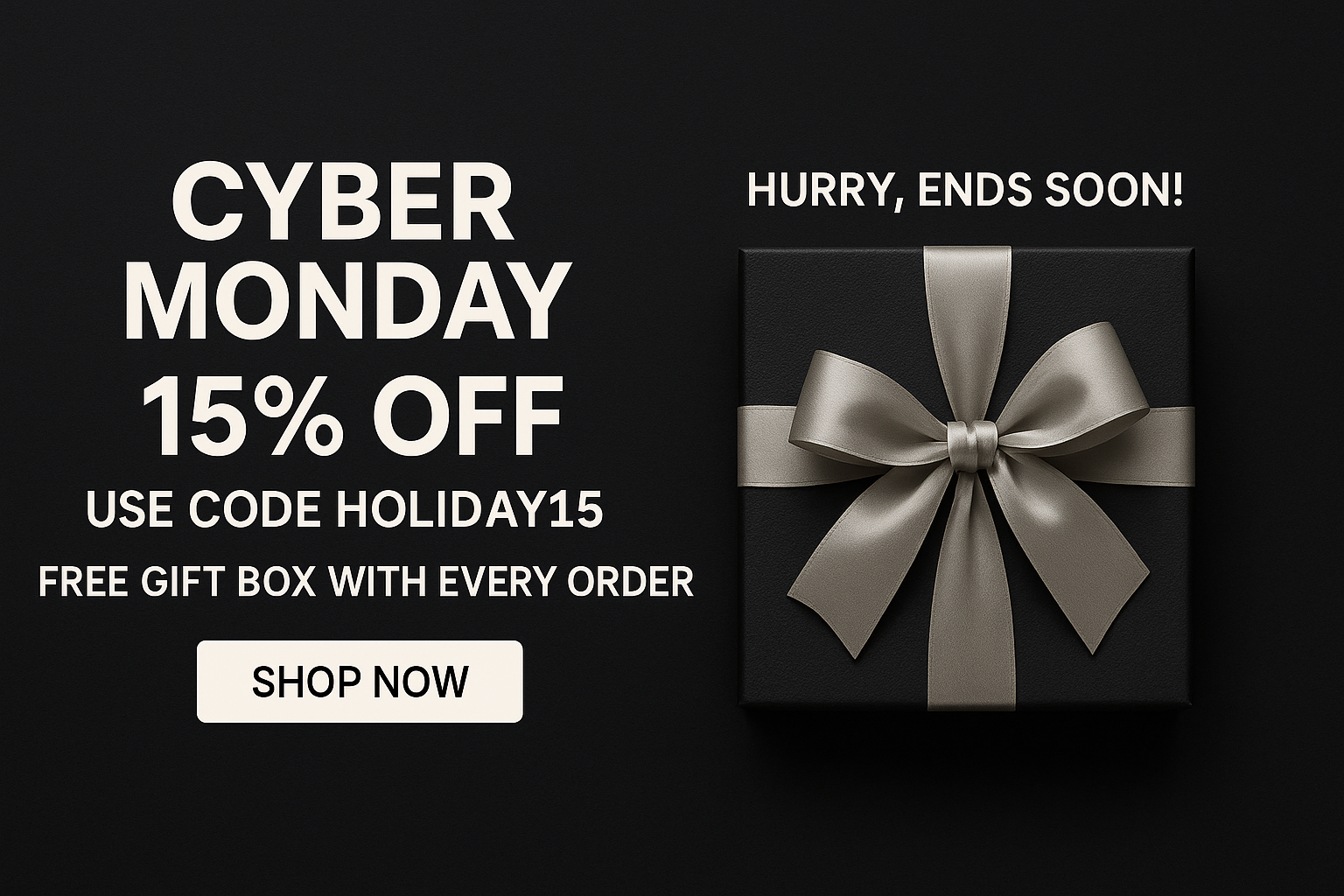 Black gift box with a silver bow on a black background, featuring Cyber Monday promotional text.