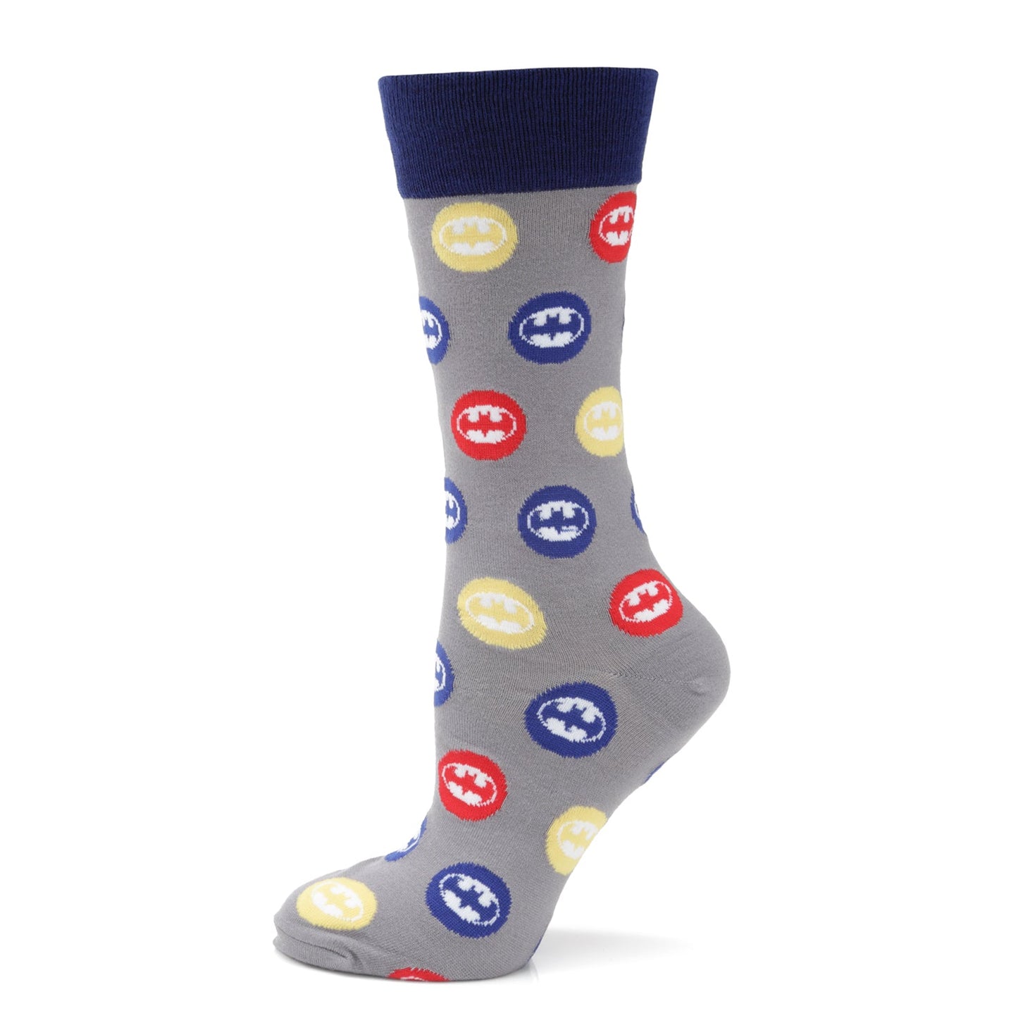 Gray sock with colorful batman logos on a white background