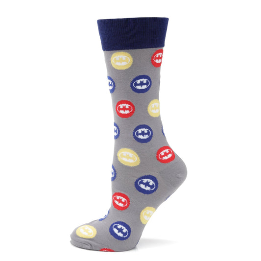 Gray sock with colorful batman logos on a white background
