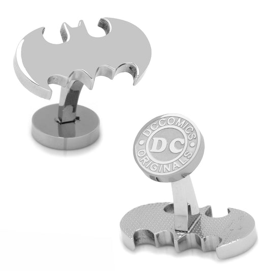 Silver Batman cufflinks with DC Comics logo on a white background
