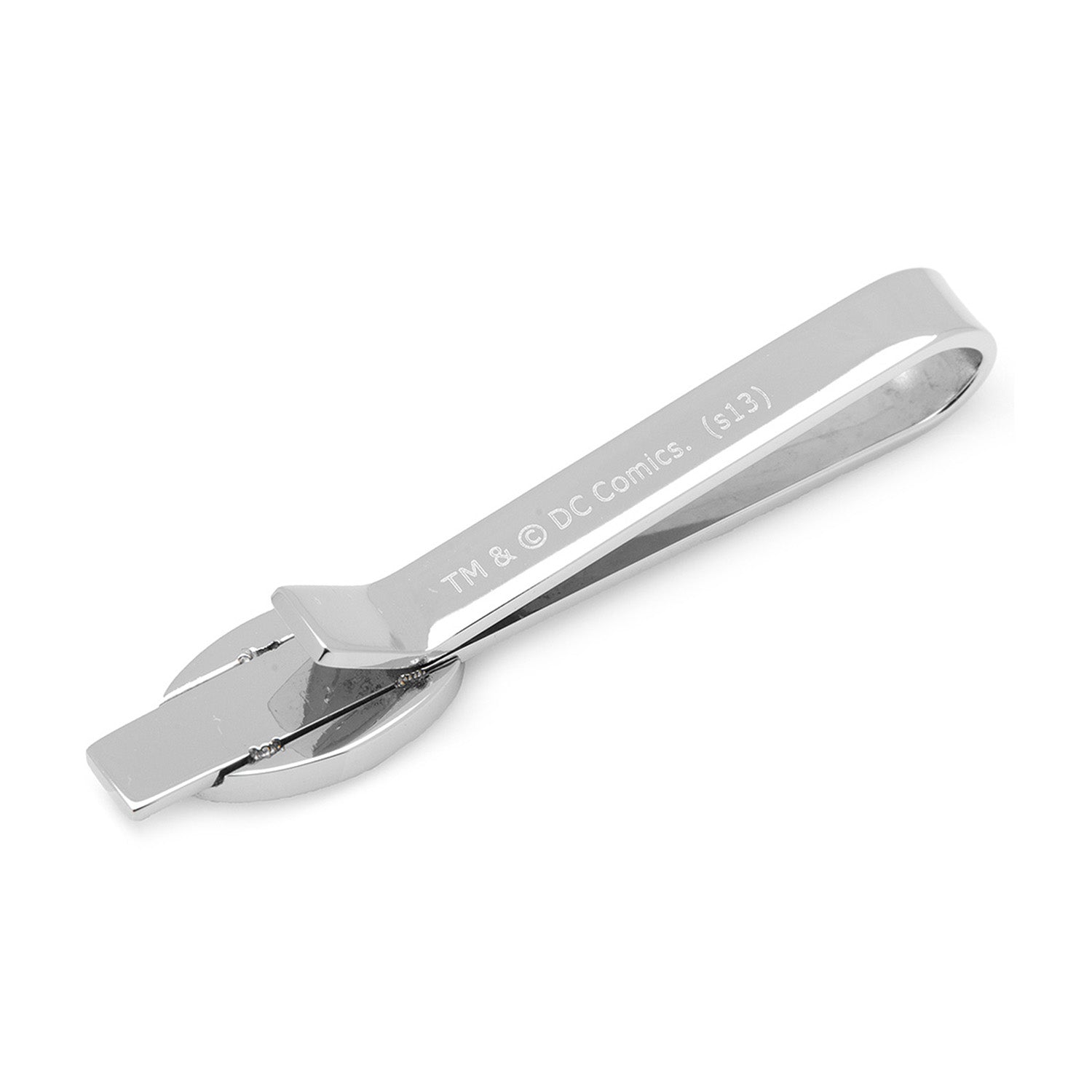 Silver tie clip with branding on a white background