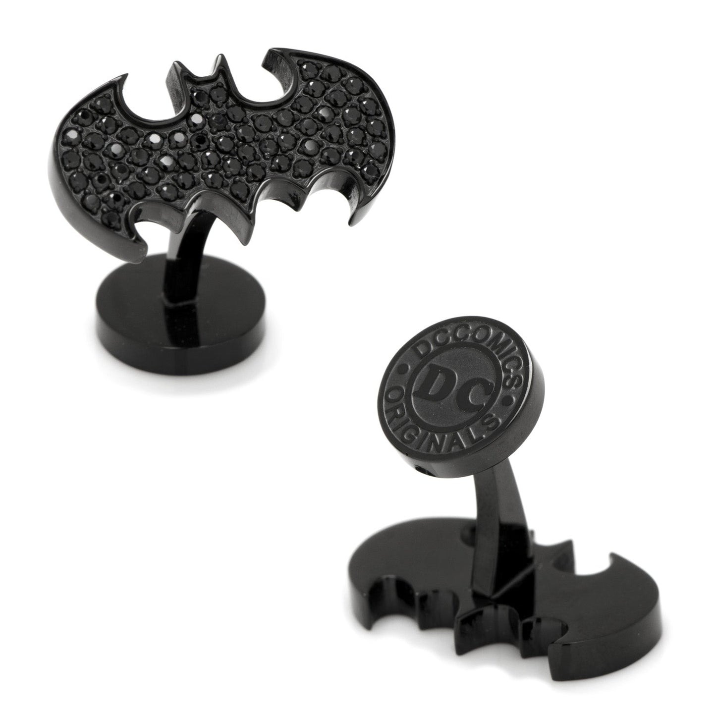 Black bat-shaped cufflinks with 'DC Originals' branding on a white background