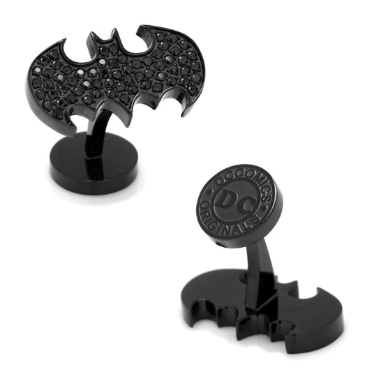 Black bat-shaped cufflinks with 'DC Originals' branding on a white background
