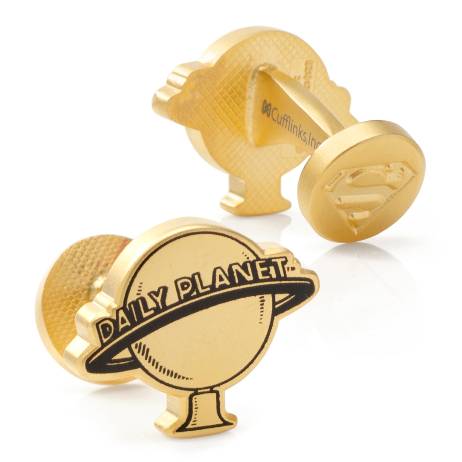 Gold cufflinks with 'Daily Planet' design on a white background