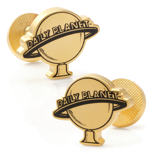 Gold cufflinks with 'Daily Planet' logo on a white background
