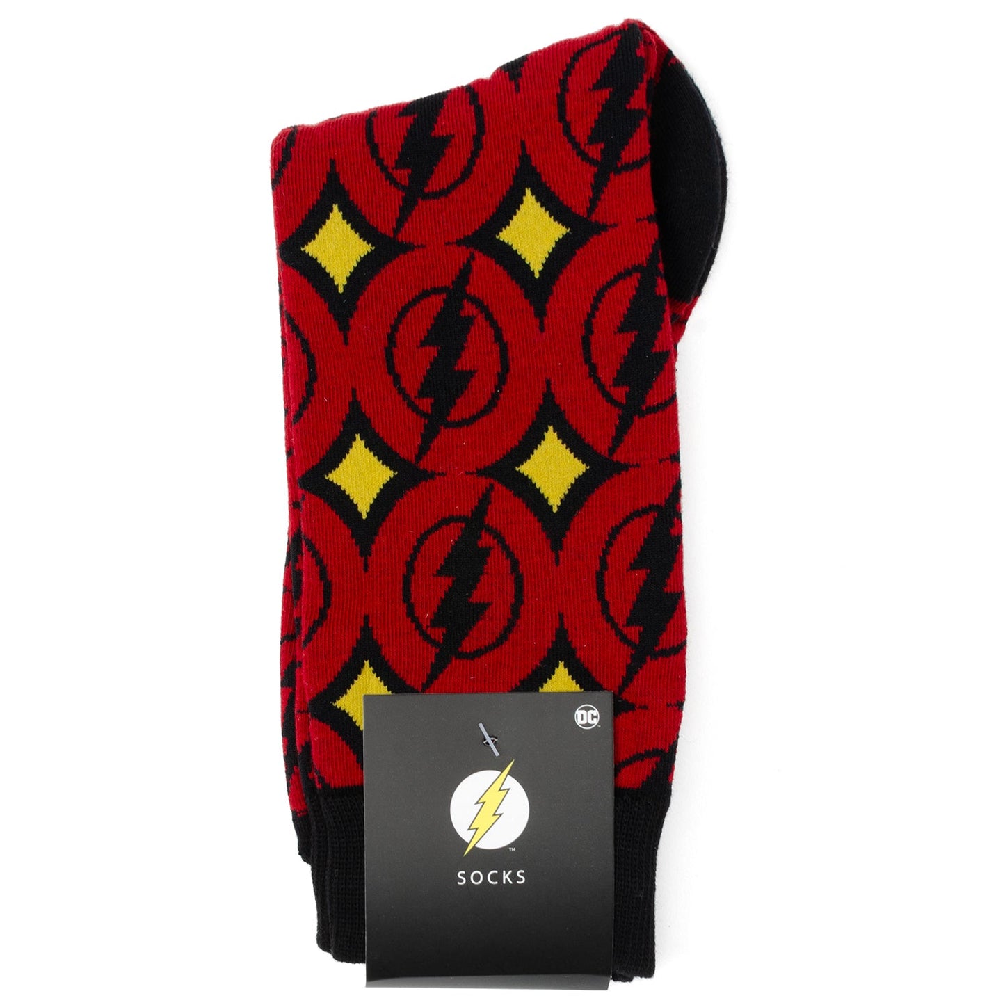 Red socks with black and yellow pattern on a white background
