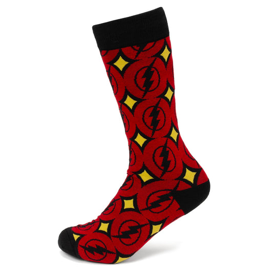 Red and black sock with yellow accents on a white background