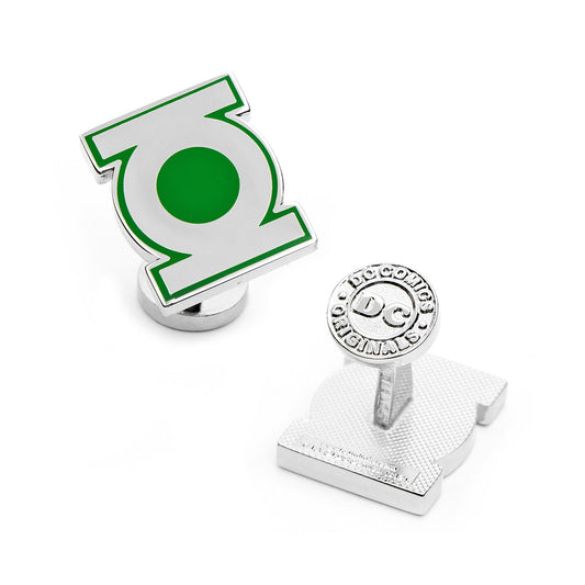 Cufflinks with green lantern symbol and 'DC' logo on a white background