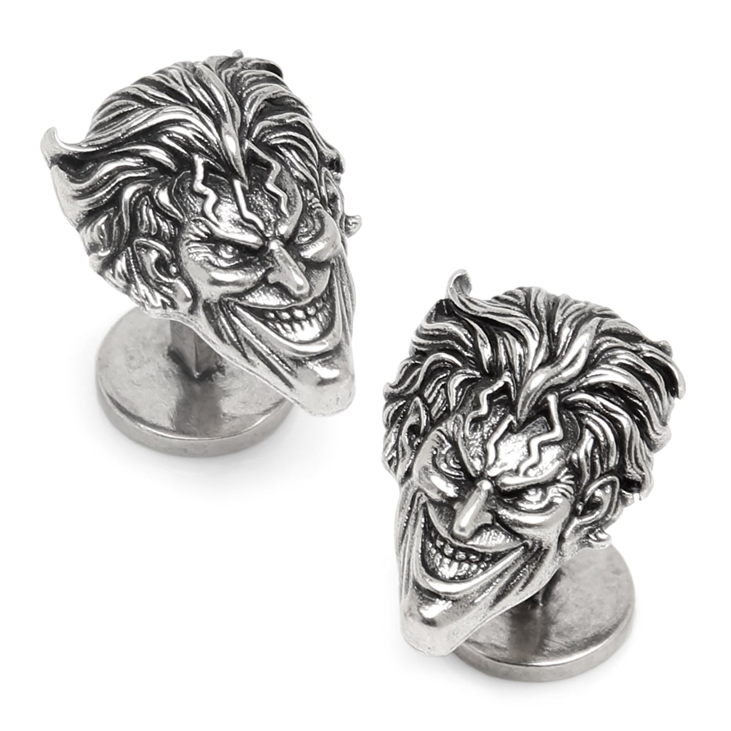 Pair of silver wolf head cufflinks on a white background