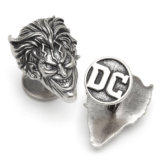 Metallic Joker pin with DC logo on a white background