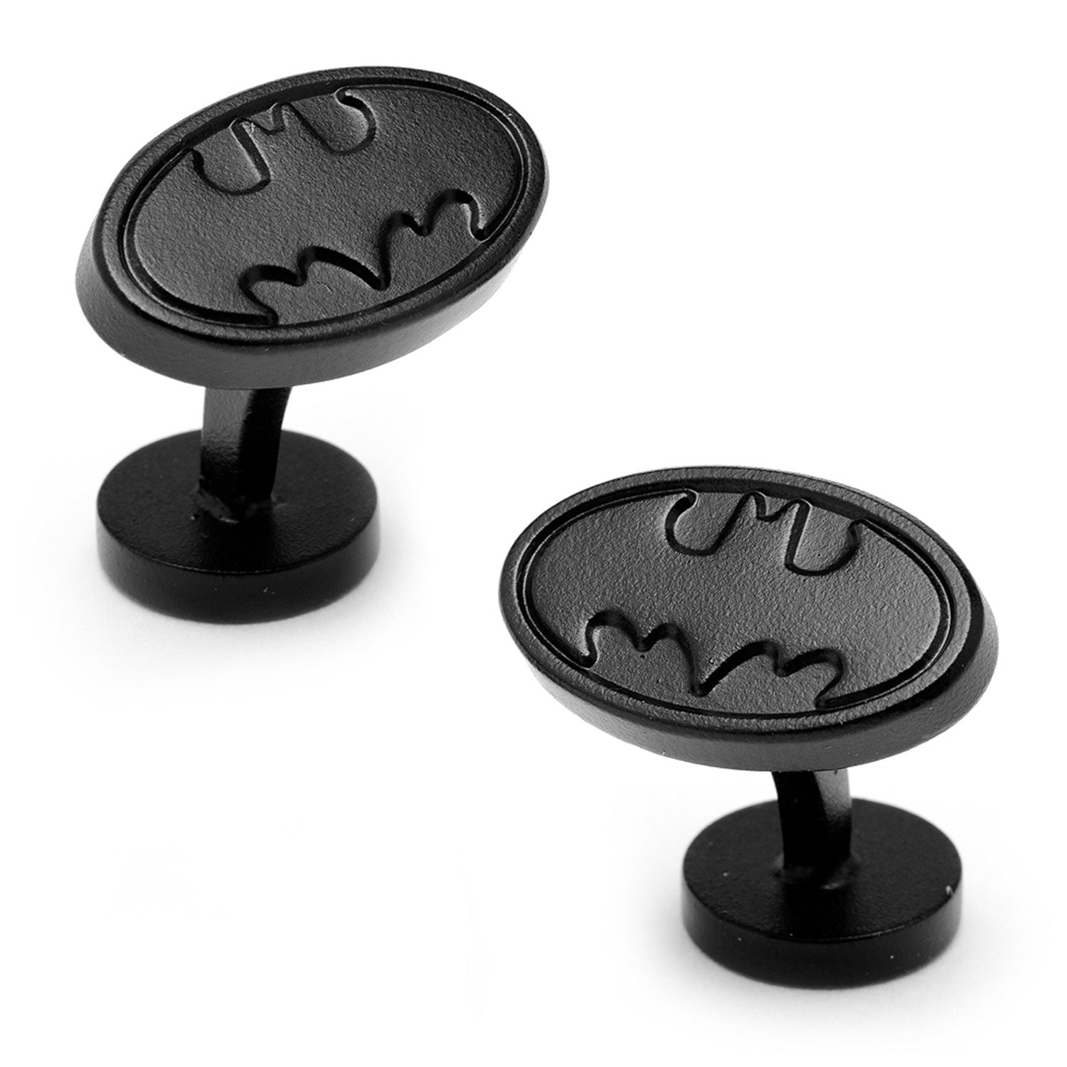 Black Batman logo cufflinks on a white background