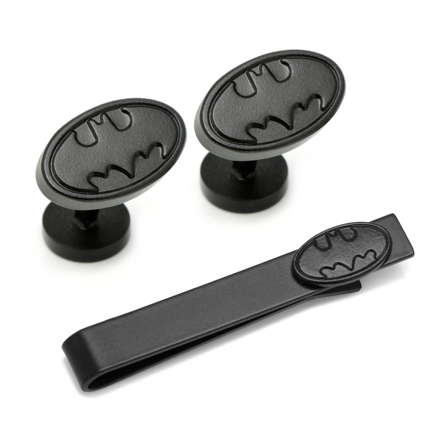 Black Bateman logo cufflinks and tie clip set on a white background