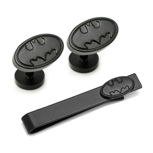 Black Bateman logo cufflinks and tie clip set on a white background