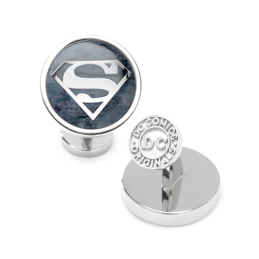 Superman logo cufflinks with DC Comics branding on a white background