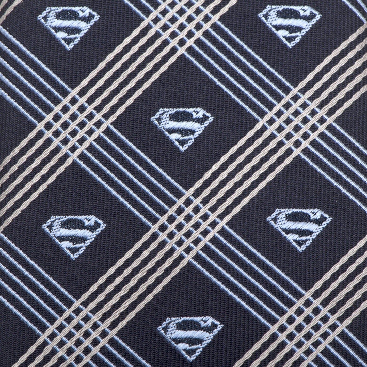Navy tie with white Superman logos and diagonal lines