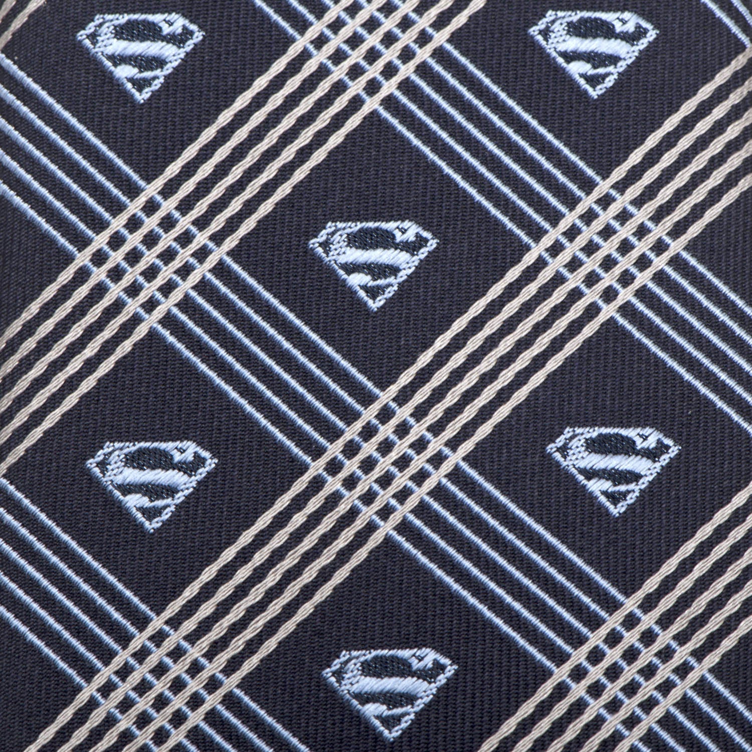 Navy tie with white Superman logos and diagonal lines