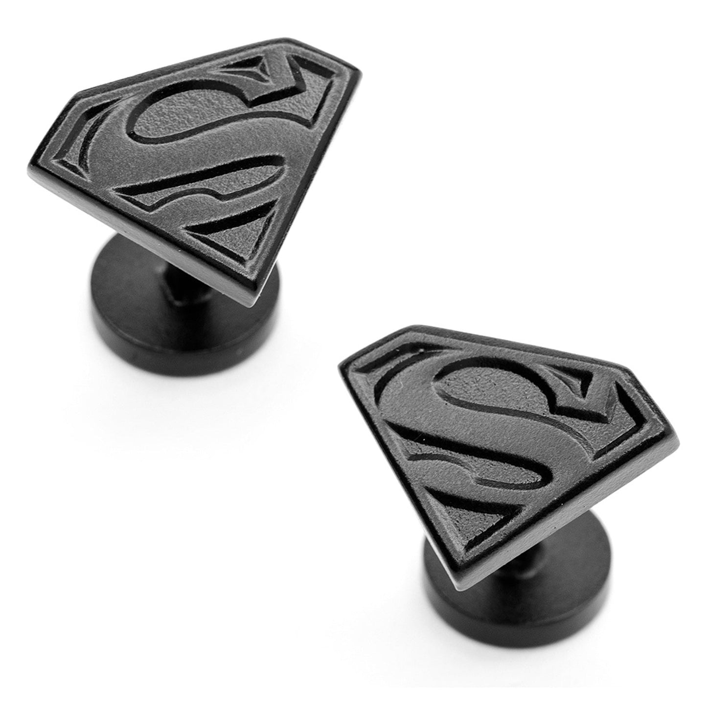 Black Superman logo cufflinks on a white background