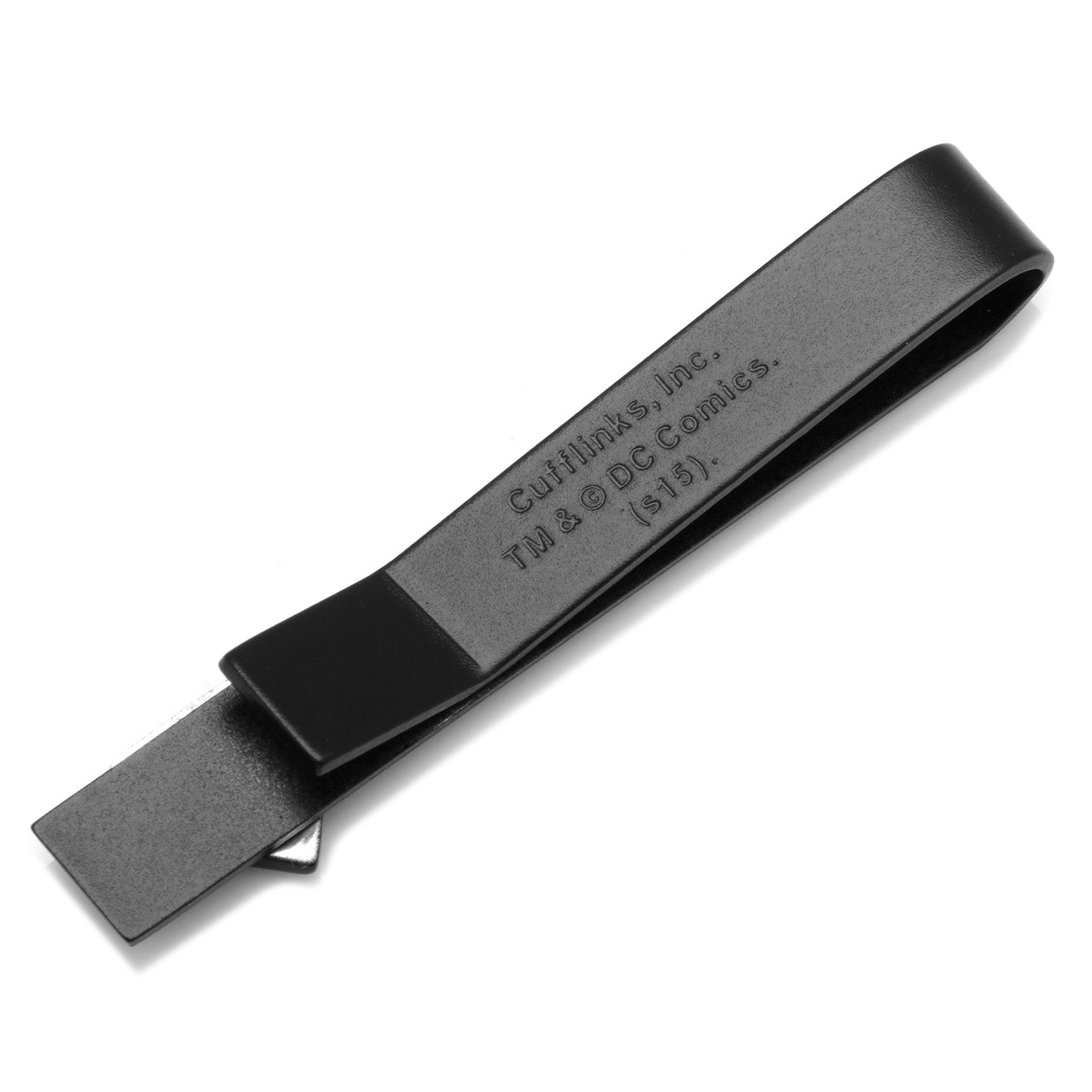 Black tie clip with engraved text on a white background
