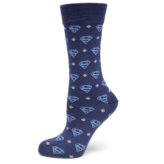 Navy blue sock with Superman logo pattern on a white background
