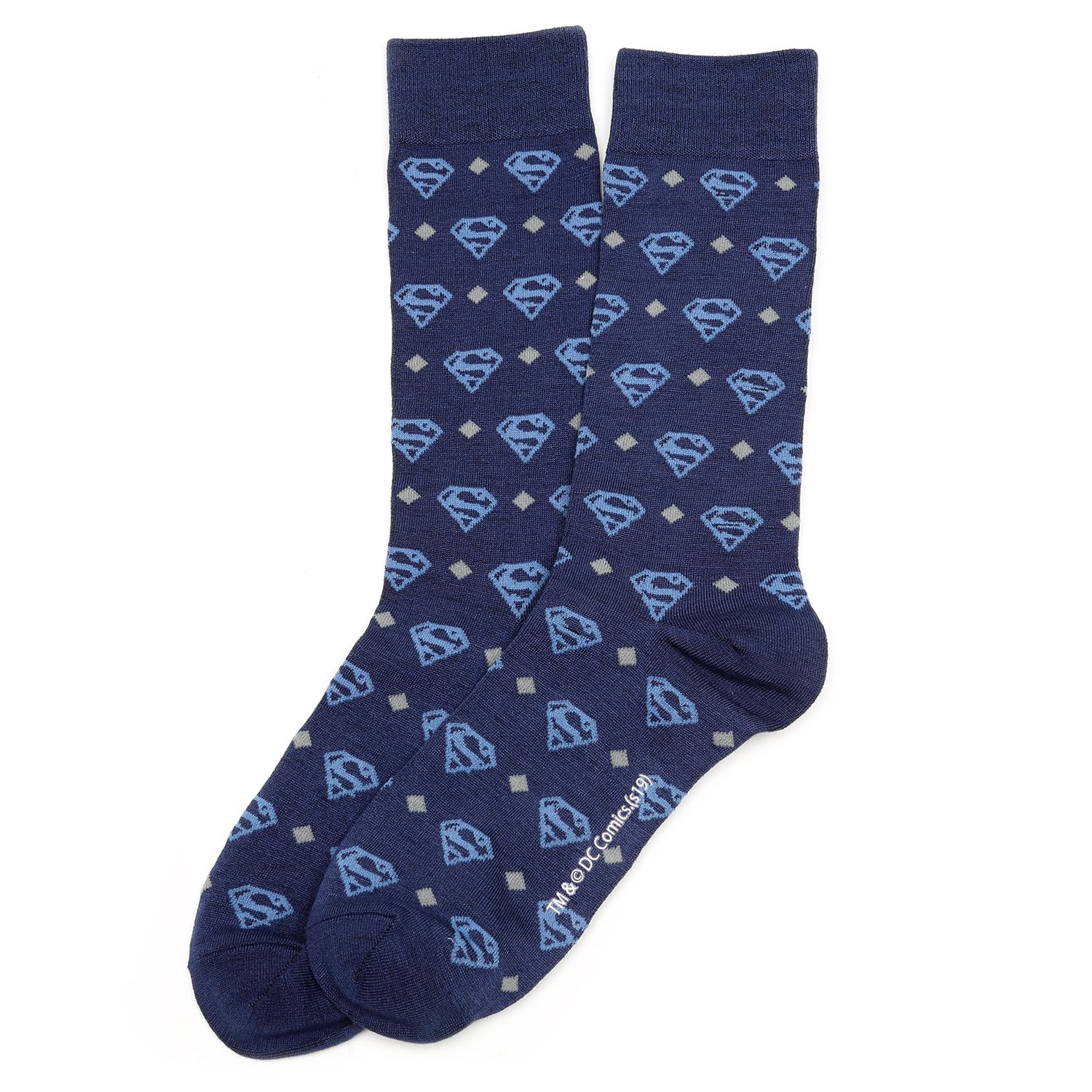 Navy blue socks with Superman logo pattern on a white background