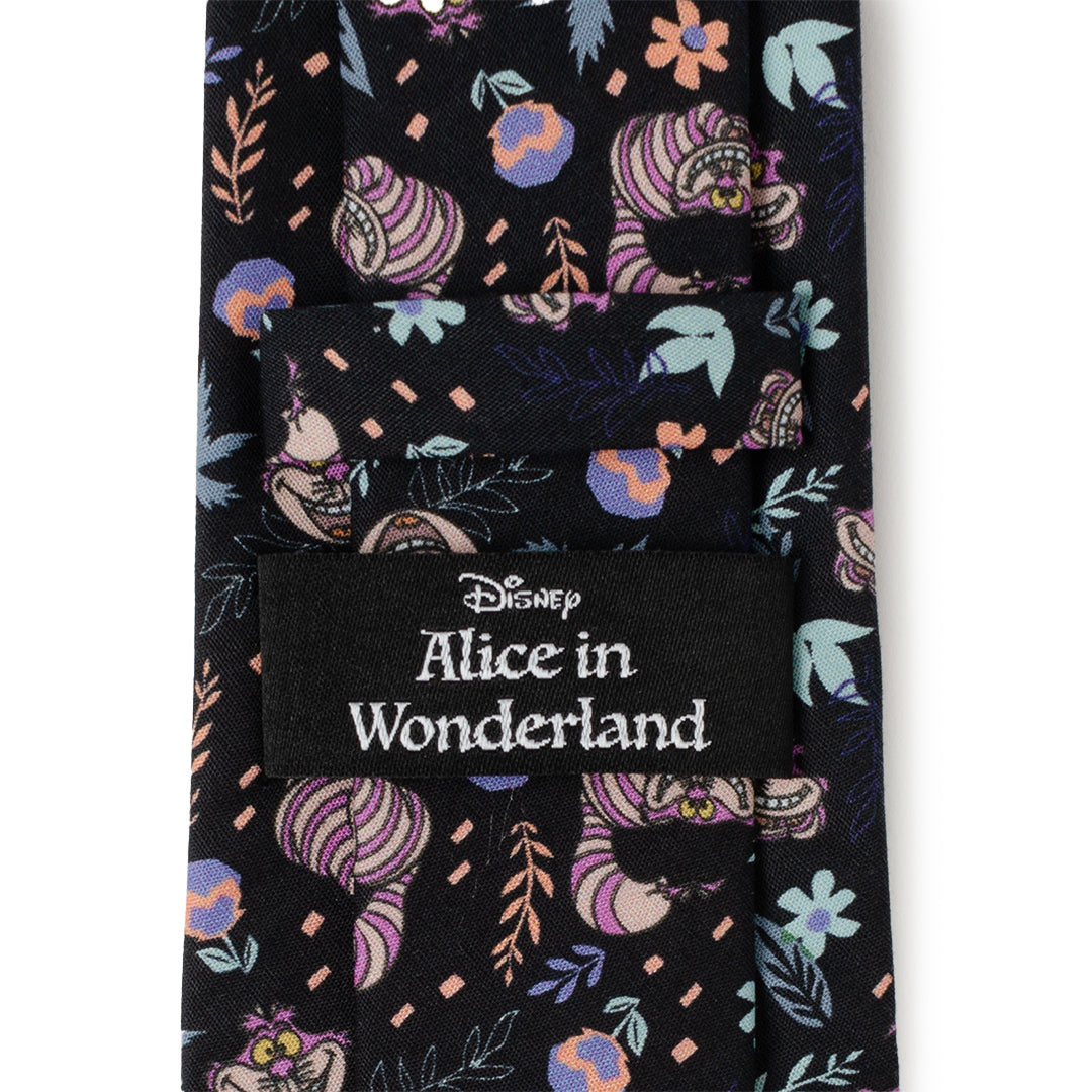 Disney Alice in Wonderland Cheshire Cat Black Men’s Tie featuring colorful Cheshire Cat pattern on black cotton fabric, officially licensed by Disney.