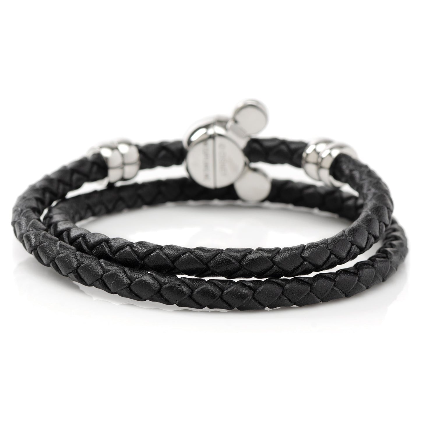Disney Mickey Silhouette Black Double Wrapped Leather Bracelet featuring braided black leather and magnetic Mickey clasp. Officially licensed by Disney.