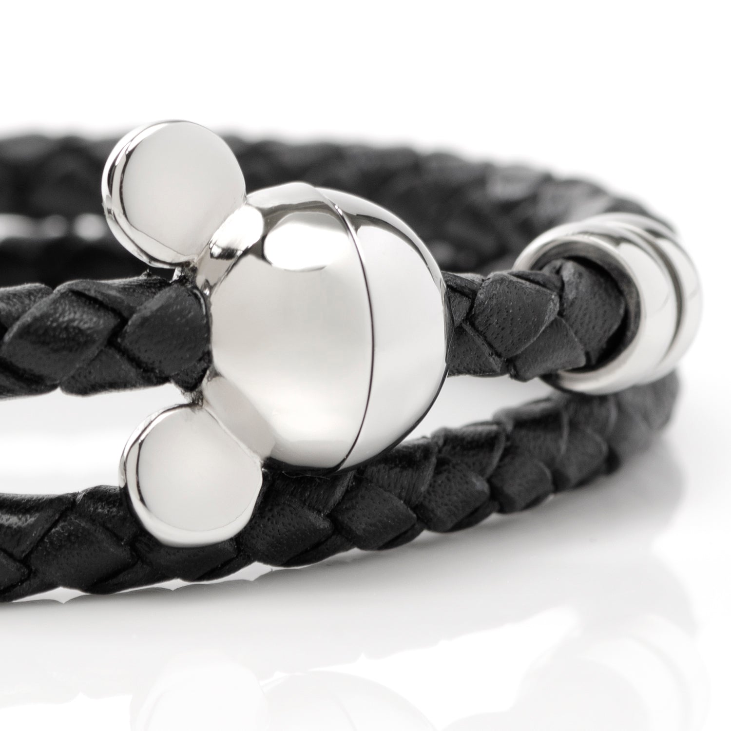 Disney Mickey Silhouette Black Double Wrapped Leather Bracelet featuring braided black leather and magnetic Mickey clasp. Officially licensed by Disney.