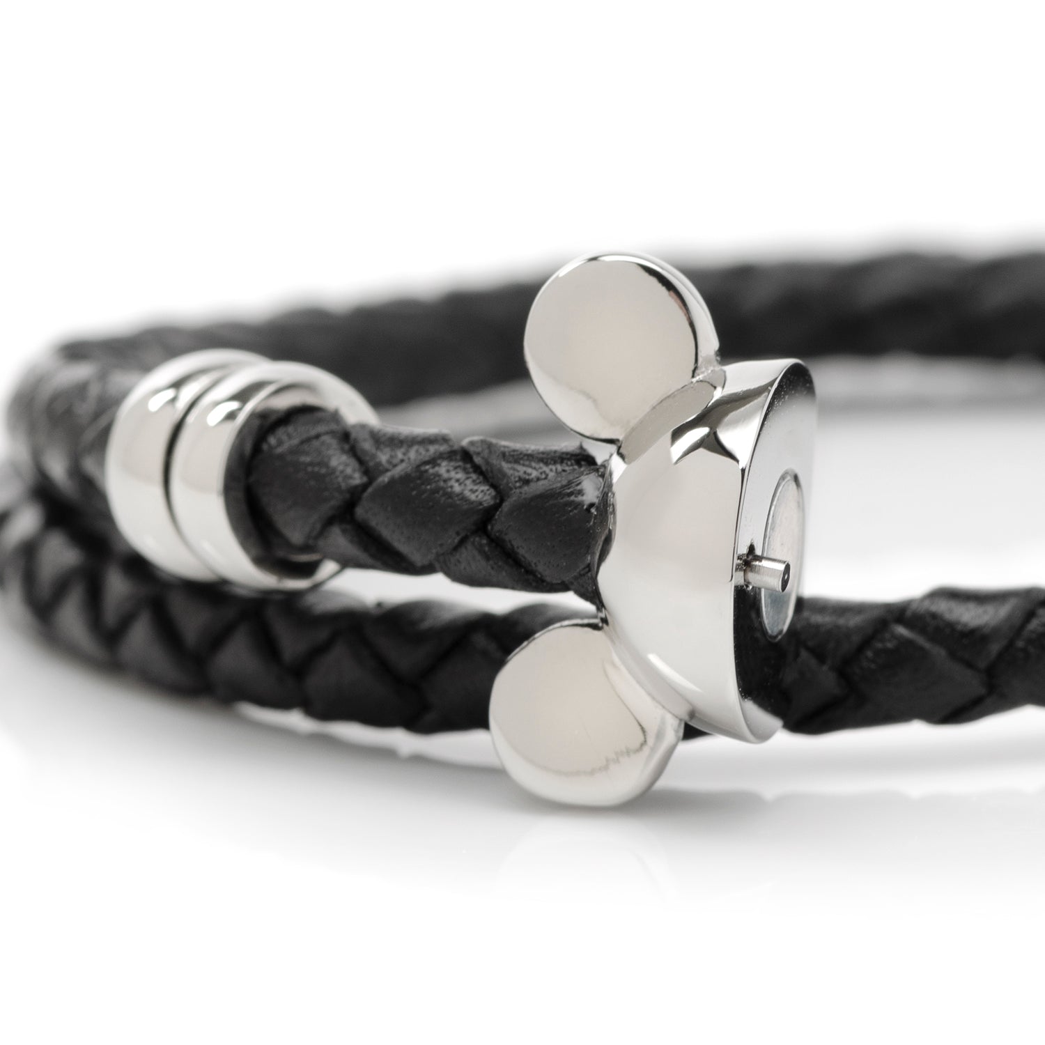 Disney Mickey Silhouette Black Double Wrapped Leather Bracelet featuring braided black leather and magnetic Mickey clasp. Officially licensed by Disney.