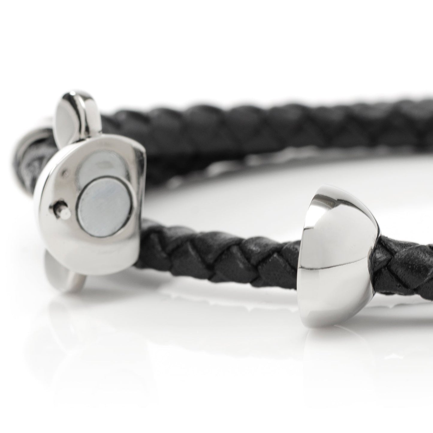 Disney Mickey Silhouette Black Double Wrapped Leather Bracelet featuring braided black leather and magnetic Mickey clasp. Officially licensed by Disney.
