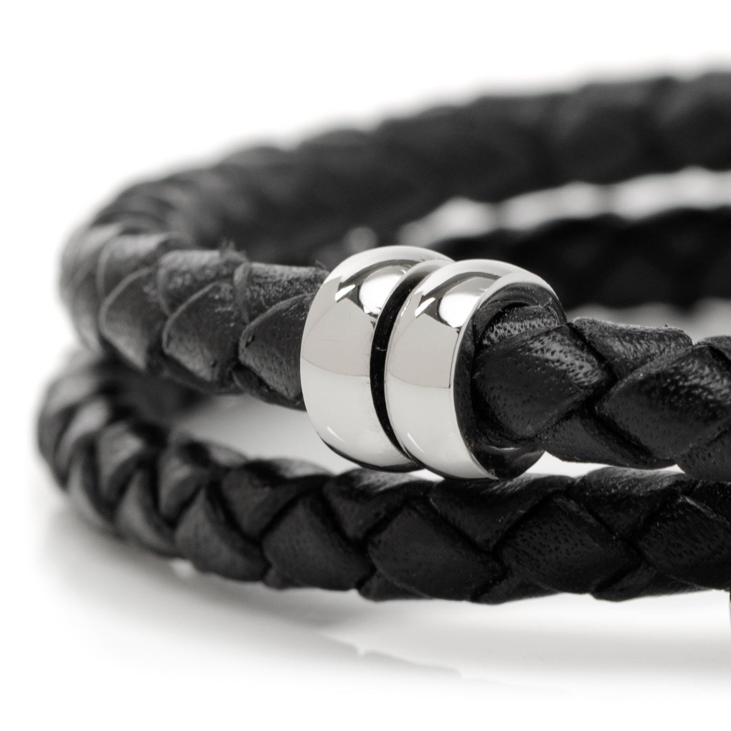 Disney Mickey Silhouette Black Double Wrapped Leather Bracelet featuring braided black leather and magnetic Mickey clasp. Officially licensed by Disney.
