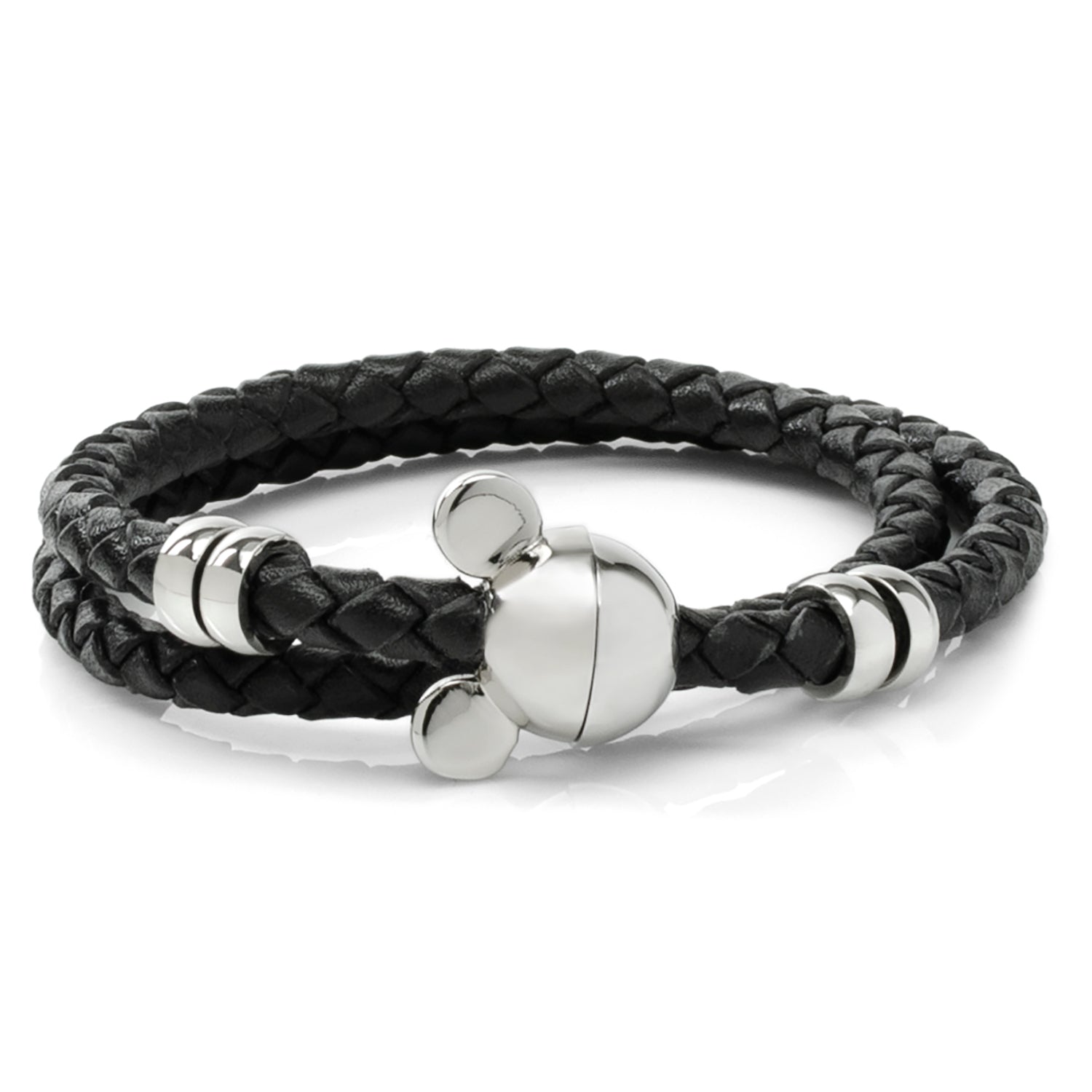 Disney Mickey Silhouette Black Double Wrapped Leather Bracelet featuring braided black leather and magnetic Mickey clasp. Officially licensed by Disney.
