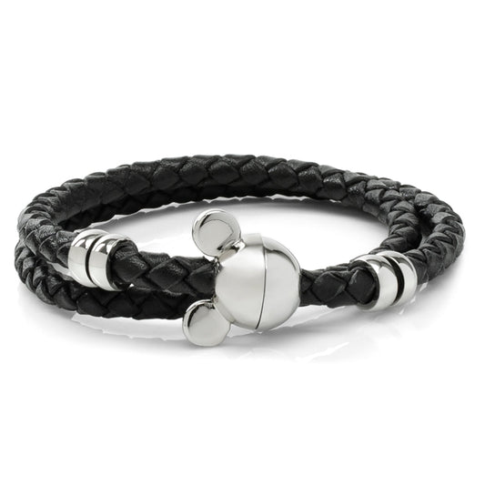 Disney Mickey Silhouette Black Double Wrapped Leather Bracelet featuring braided black leather and magnetic Mickey clasp. Officially licensed by Disney.