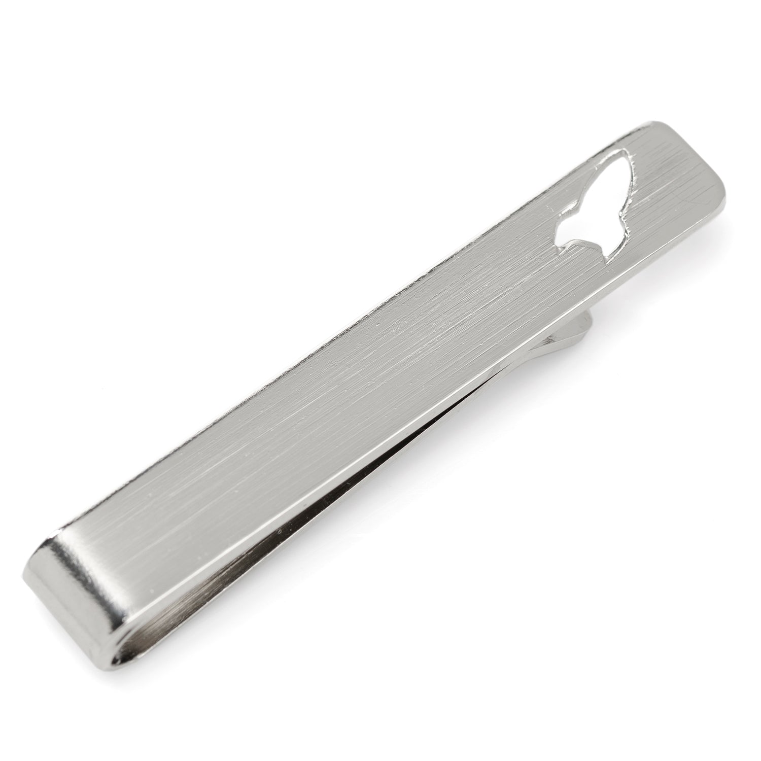 Silver tie clip with a butterfly design on a white background