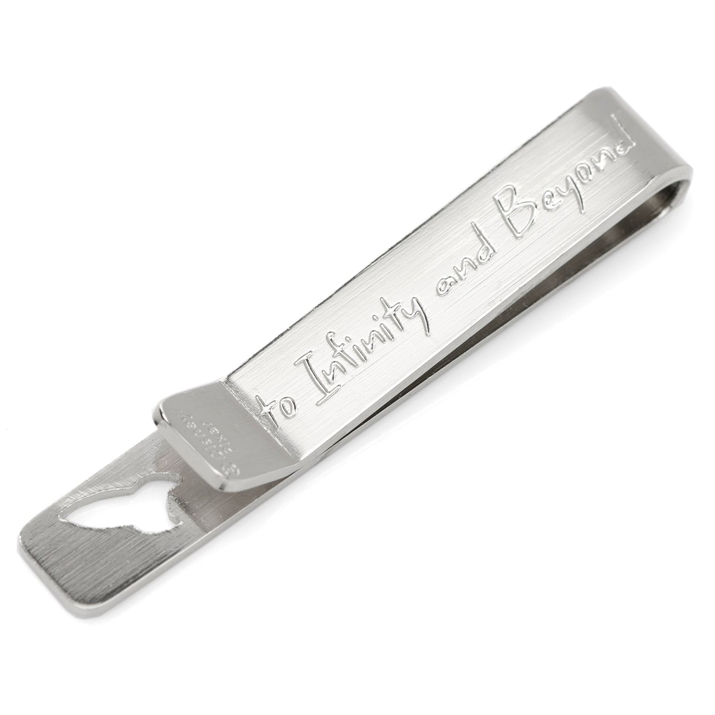 Silver money clip with 'To Infinity and Beyond' engraving on a white background