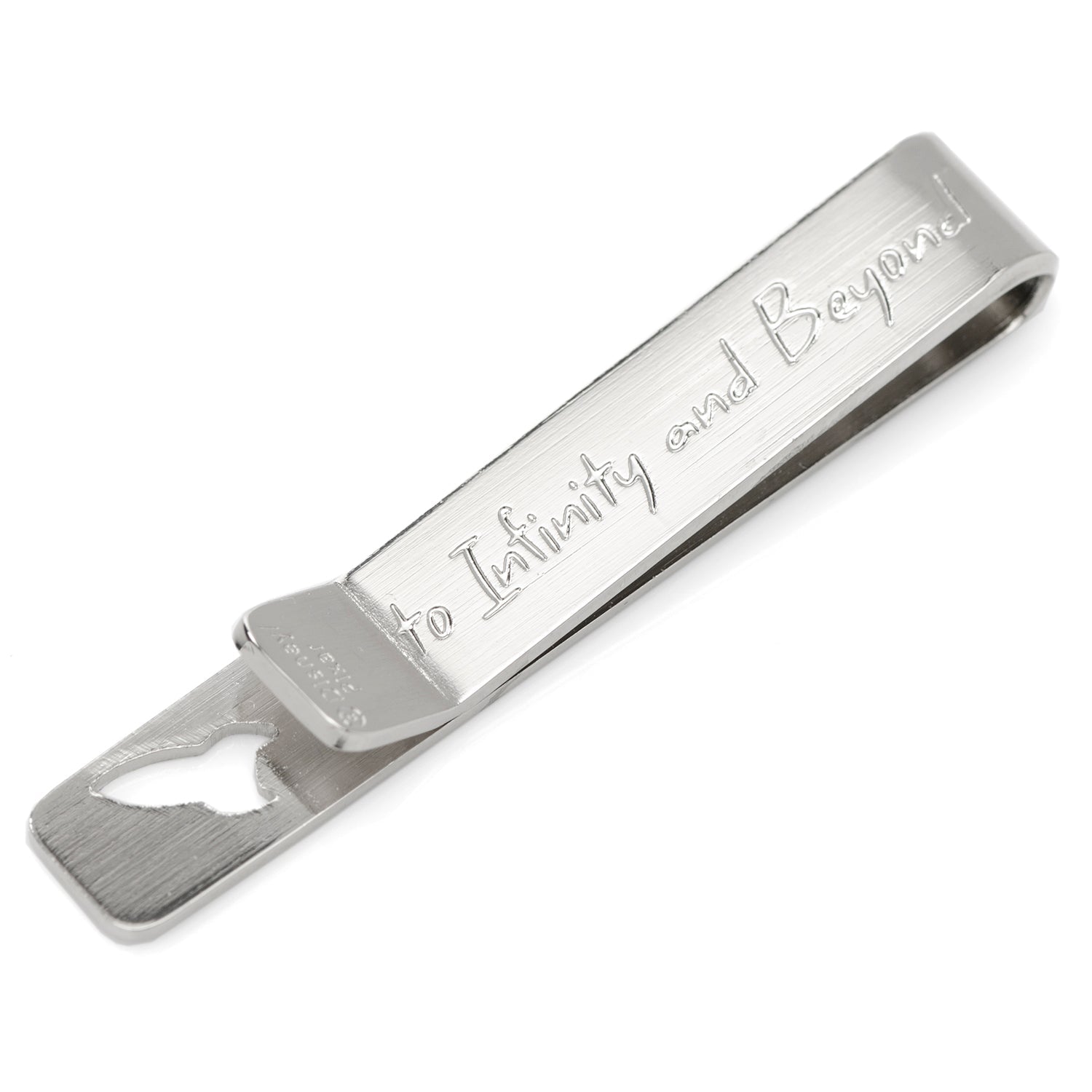 Silver money clip with 'To Infinity and Beyond' engraving on a white background
