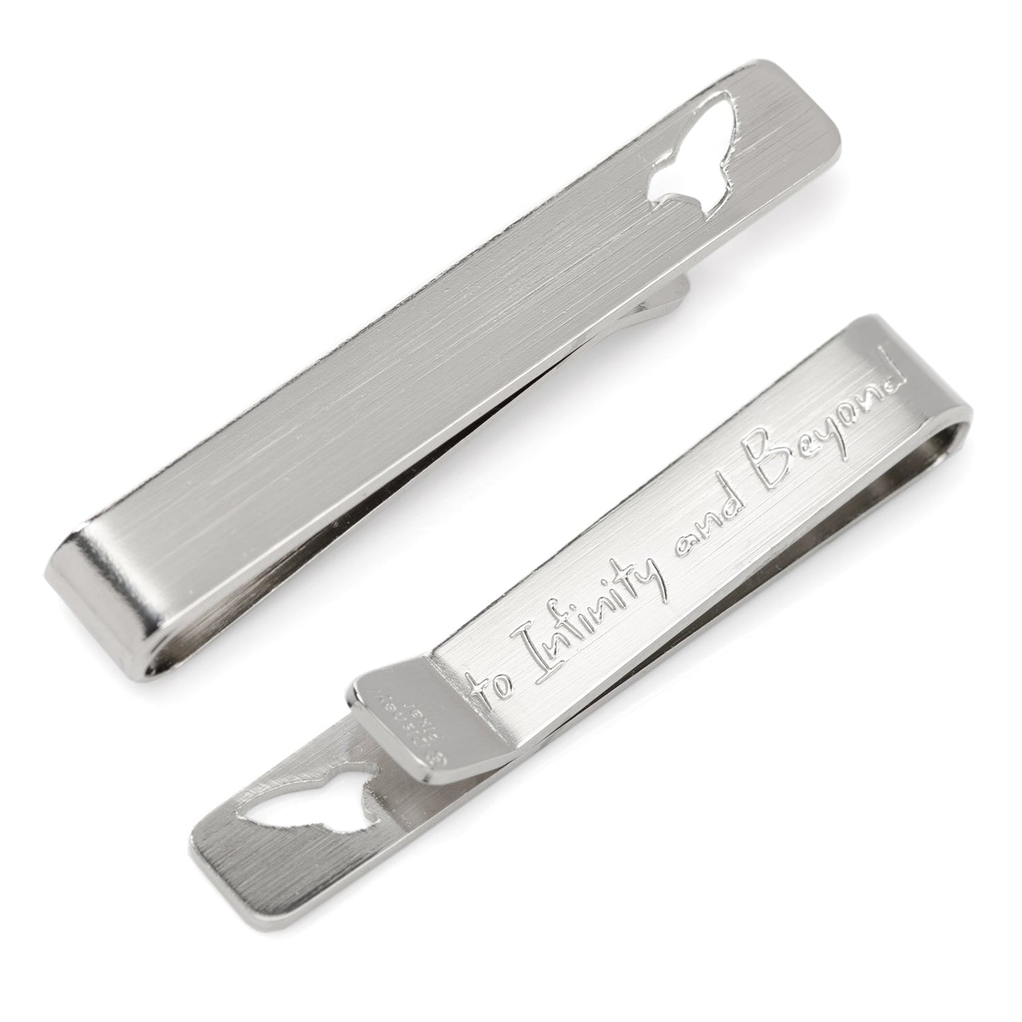 Silver tie bar with 'To Infinity and Beyond' engraving on a white background