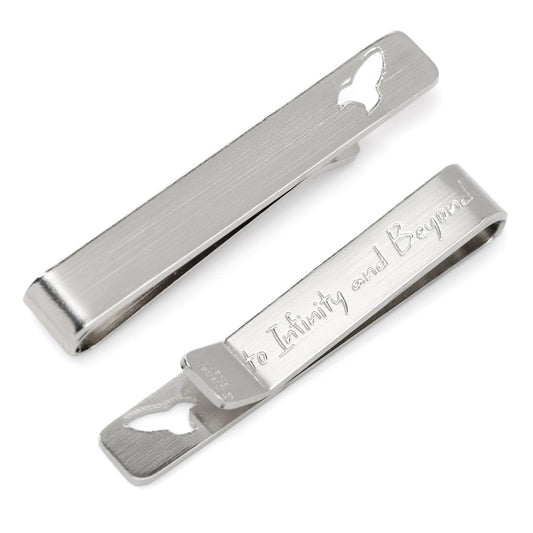 Silver tie bar with 'To Infinity and Beyond' engraving on a white background