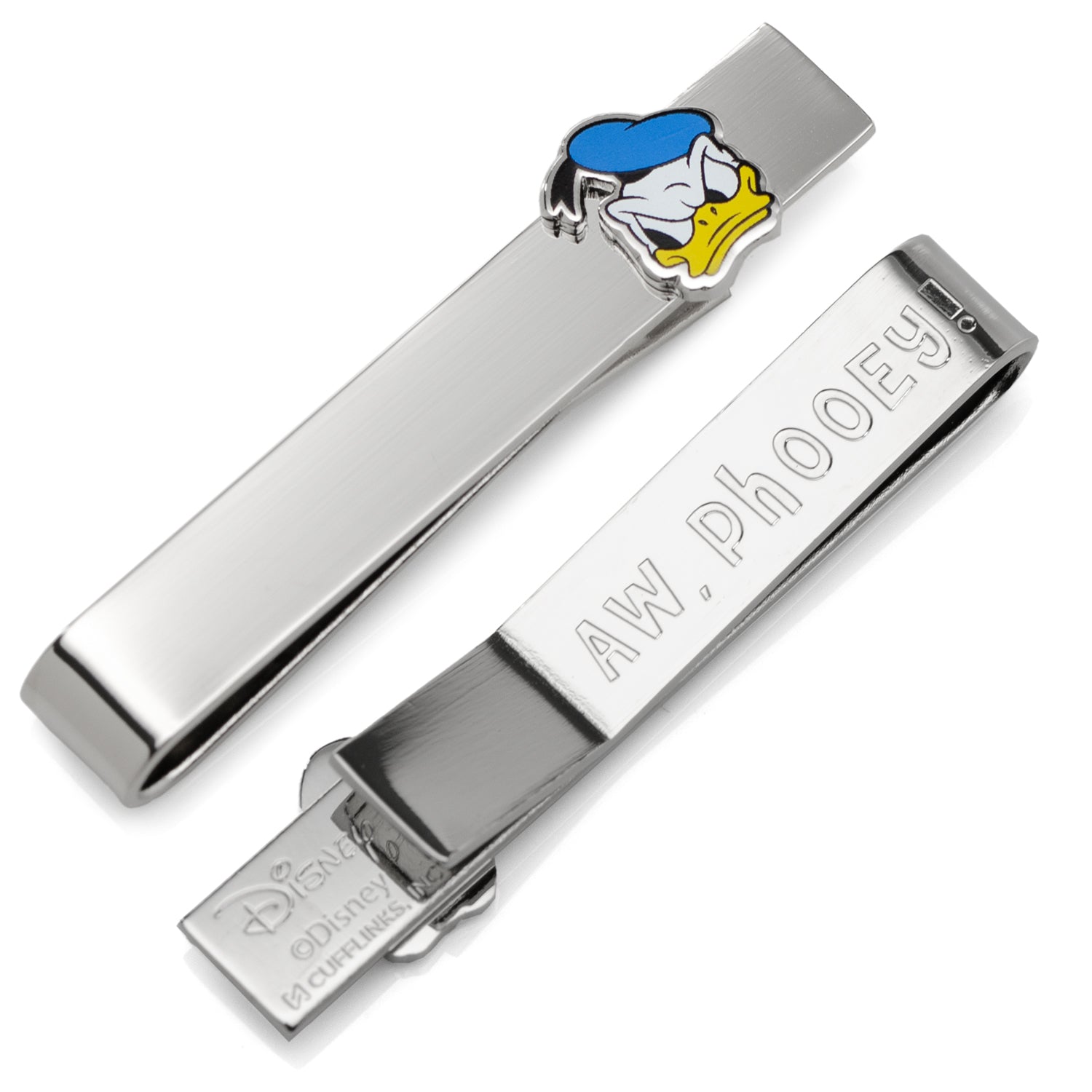 Silver tie clip with Donald Duck design on a white background