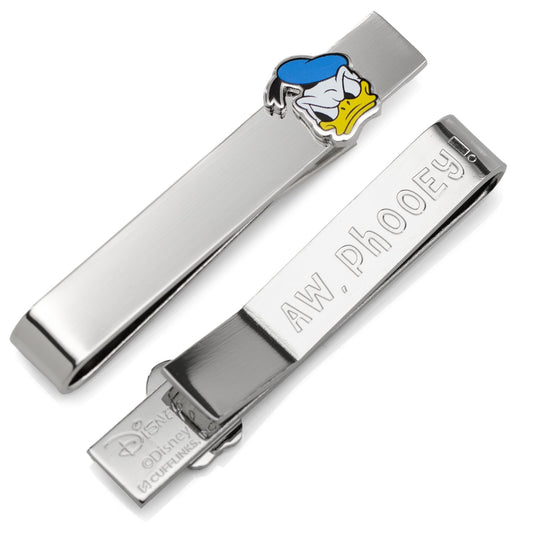 Silver tie clip with Donald Duck design on a white background