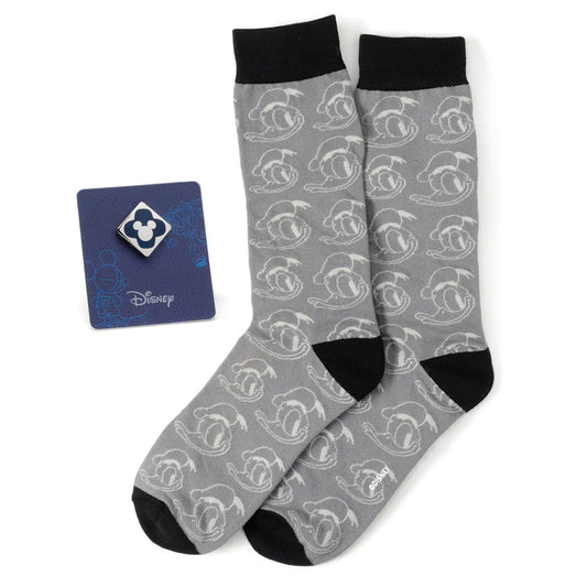 Gray socks with black accents and a matching card featuring a Disney logo on a white background