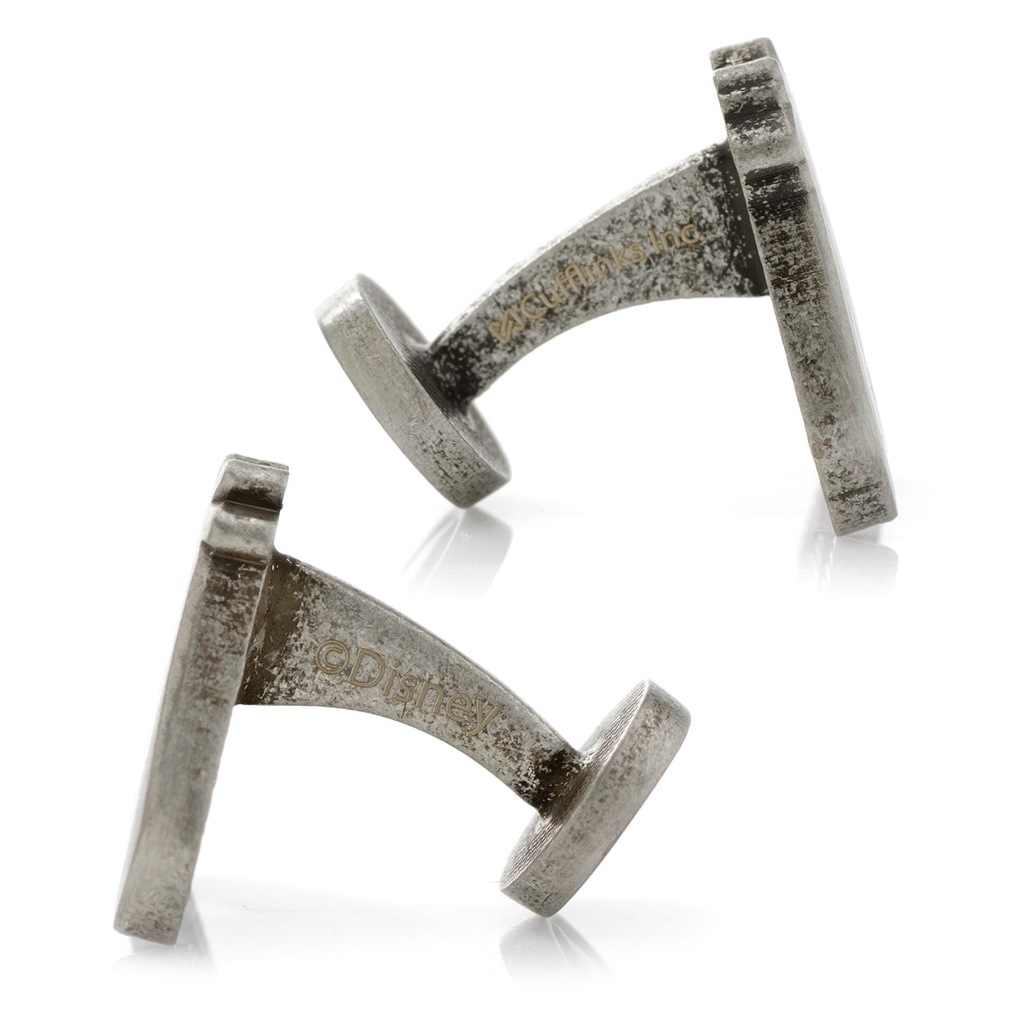Pair of silver cufflinks on a white background