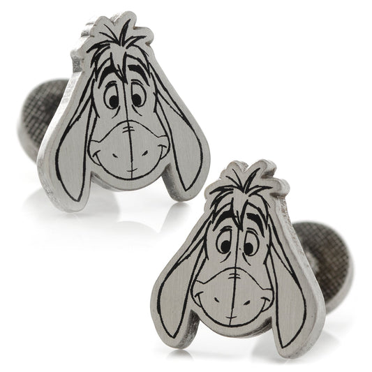 Two silver donkey-shaped cufflinks on a white background