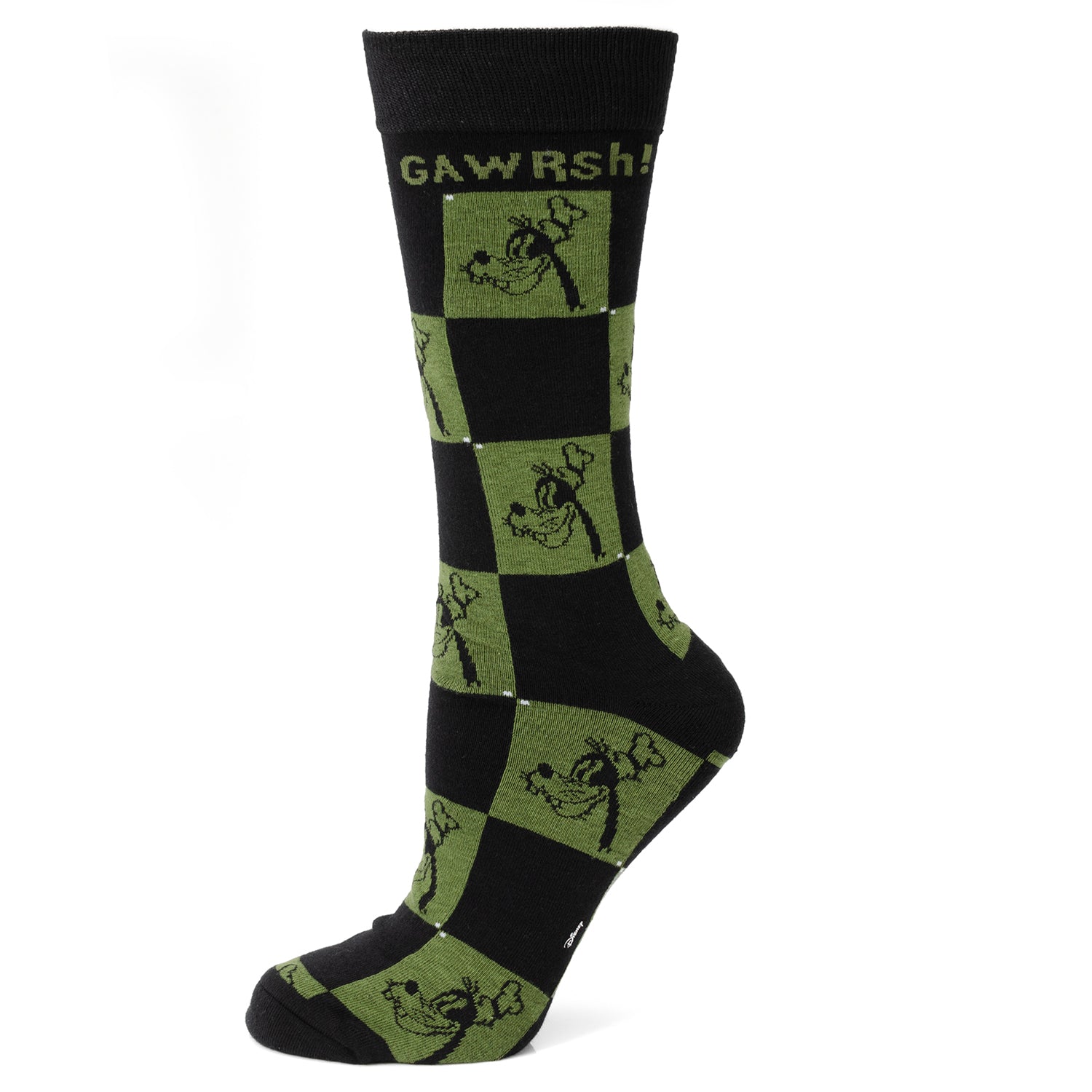 Black and green checkered sock with text and graphic design on a white background