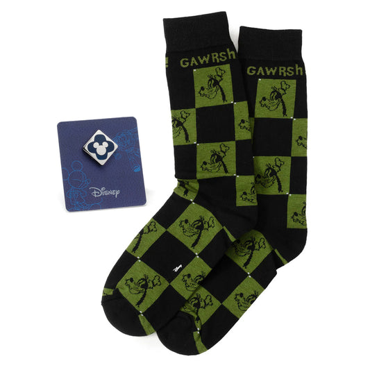 Checkered socks with cartoon character design and Disney card on a white background