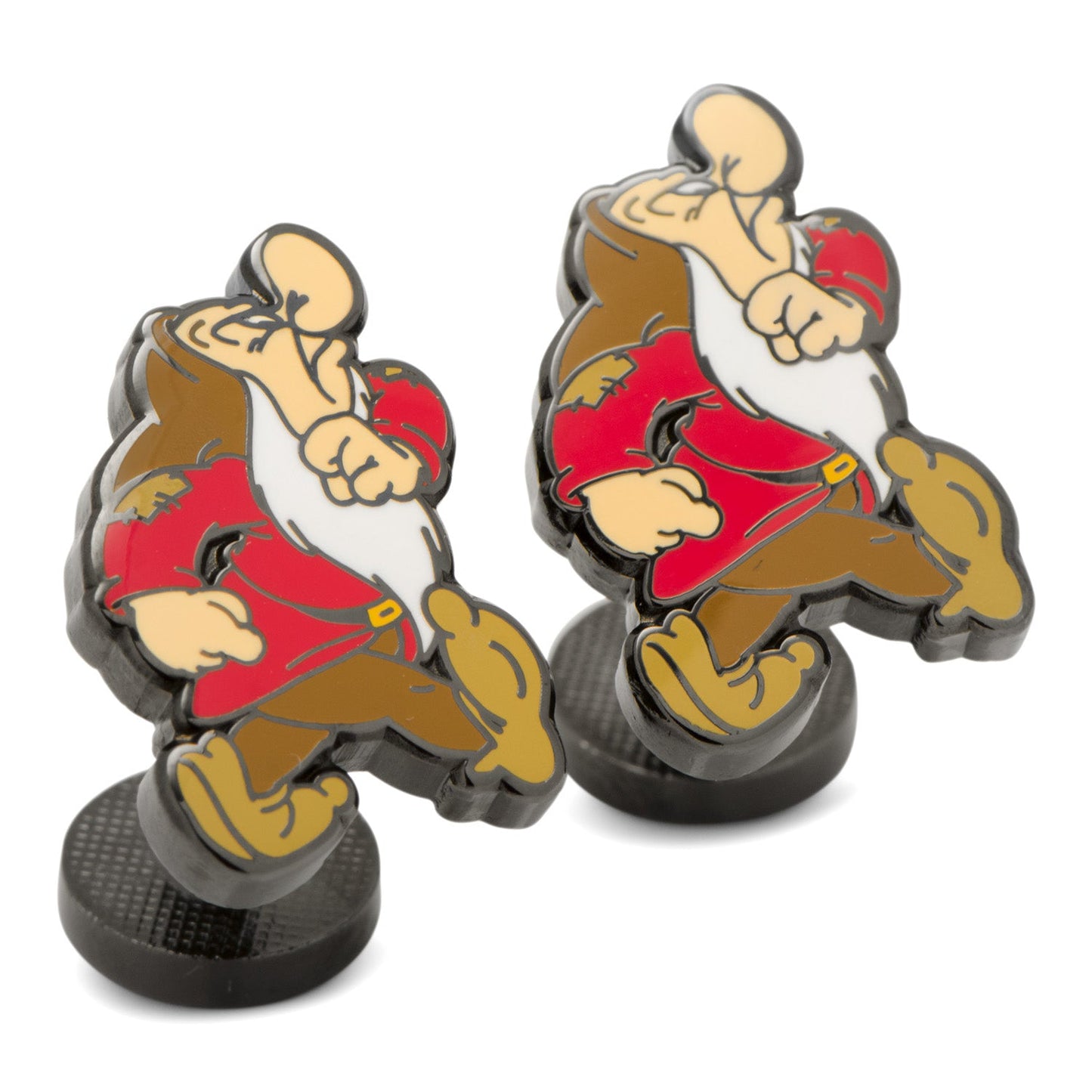 Two cartoon character figurines on black stands against a white background Disney Snow White Grumpy Dwarf Cufflinks
