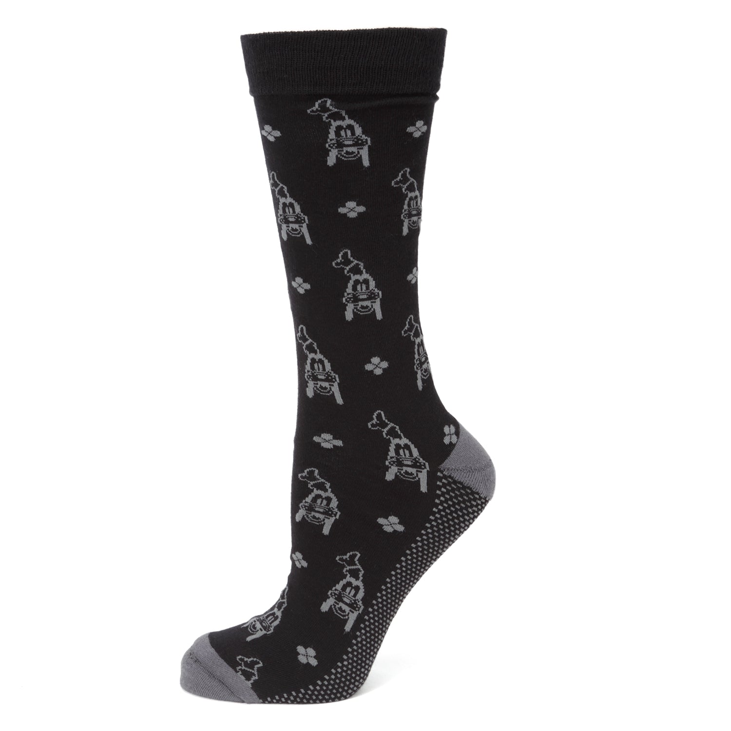 Black sock with white paw print pattern on a white background